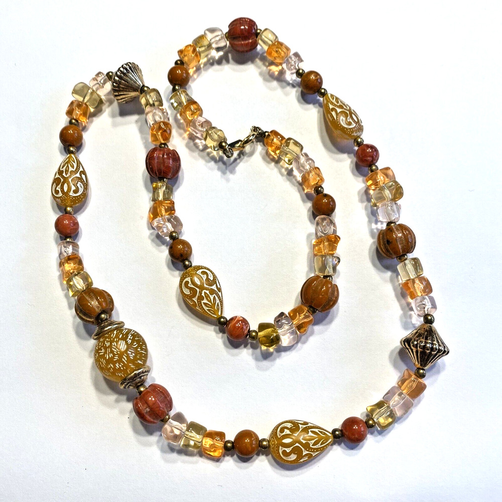 Vintage Mid Century Beaded Necklace Abstract Carved Peach Rust Gold Mod 1970's